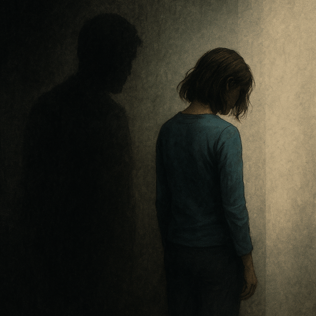 A symbolic image of a woman standing alone in shadow and light, representing a trauma bond after abuse.