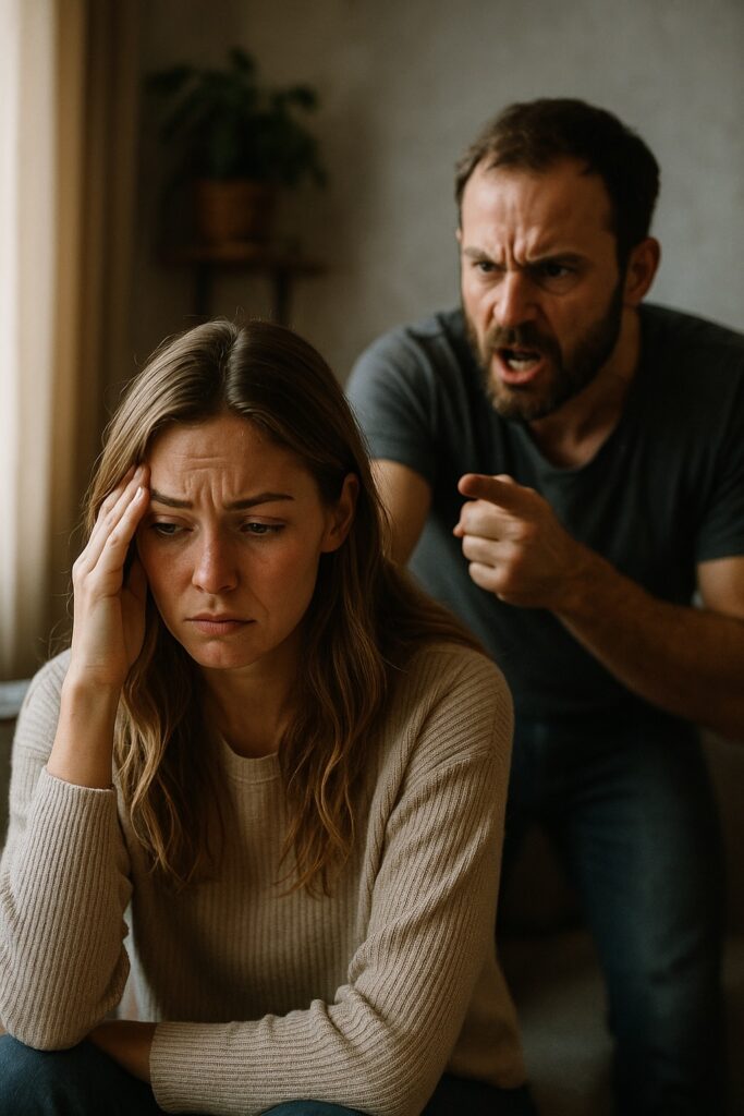 Image illustrating one of the red flag warning signs: a man angrily confronting a distressed woman who holds her head, highlighting emotional manipulation.