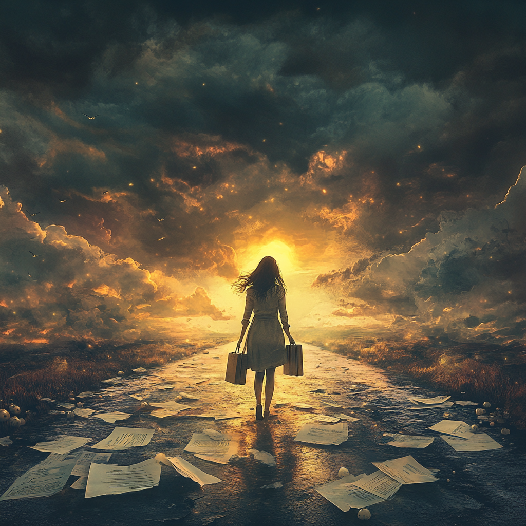A strong but weary woman standing at a crossroads, one path littered with legal documents, broken piggy banks, and storm clouds, the other path glowing with warm light and a rising sun. She holds a suitcase but is beginning to drop it, looking forward with quiet determination. Surreal, emotional, muted tones with pops of gold light, in the style of contemporary symbolic illustration with subtle photorealism, muted color palette with warm highlights, emotionally evocative, 8k detailed render.