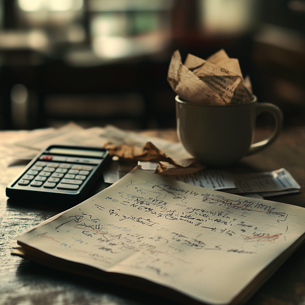 A weathered handwritten notebook page with circled numbers and aggressive pen marks, coffee ring stains, a cracked phone screen showing a calculator app in the background, crumpled receipts scattered nearby, soft morning light through a window, shallow depth of field, muted tones with warm highlights, hyper-realistic still life, 8k detail, emotionally evocative composition